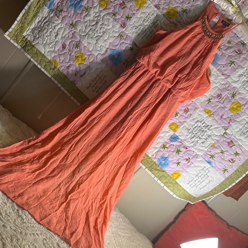 Lilly Rose peach/coral Halter Maxi Dress Sz L